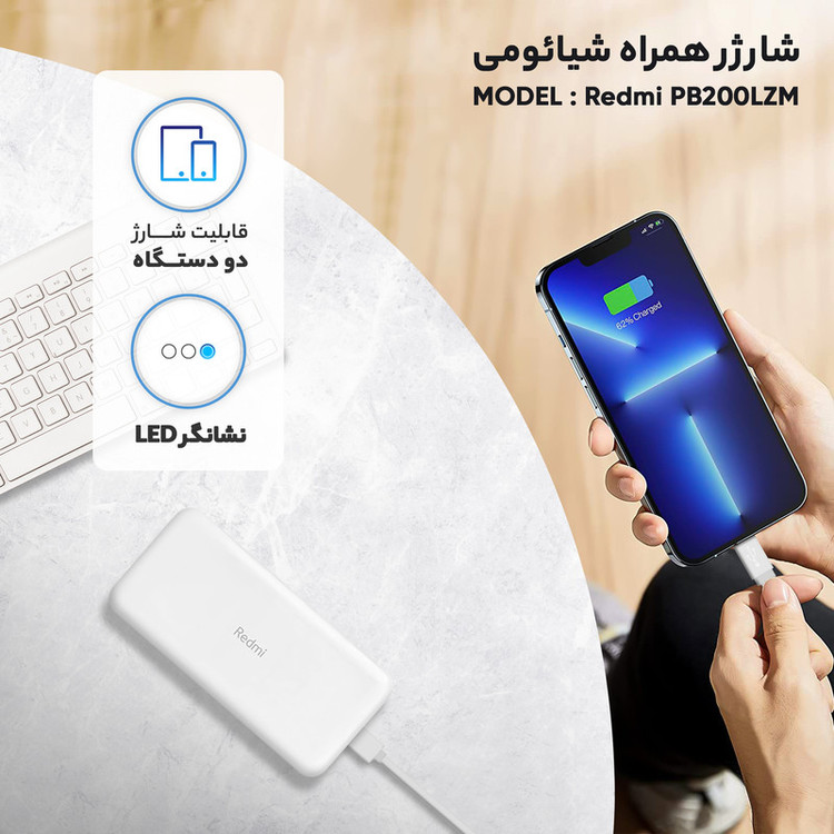 پاوربانک 18 وات شیائومی مدل Redmi PB200LZM ظرفیت 20000 میلی آمپر ساعت اصل با گارانتی
